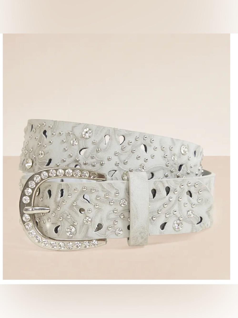 NWT BKE Embossed Light Gray Faux Leather Rhinestone 1 1/2” W/Stud Accents Belt-L